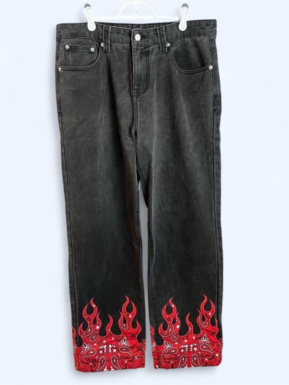 Black Skater Jeans with Bandana Flame Accent
